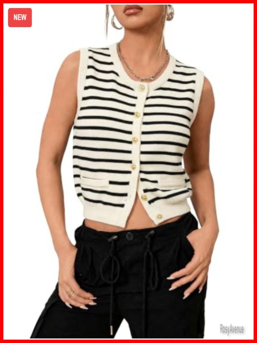 Women's Striped Button Down Knit Sweater Vest Sleeveless Crew Neck Casual Top